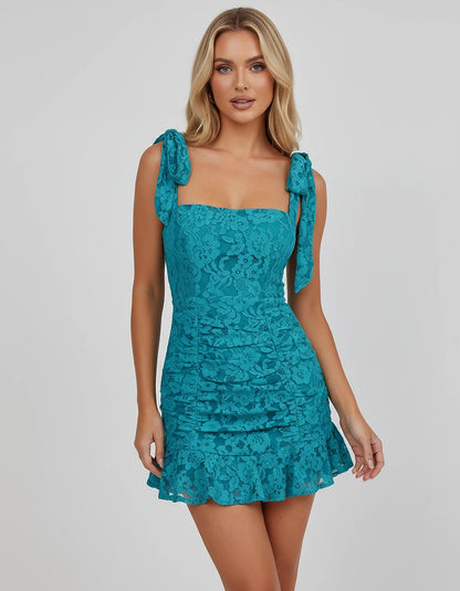 Floral Lace Sleeveless Square Neck Fitted Mini Dress with Tie Straps for Party, Cocktail, Homecoming, Evening, Summer & Weddi