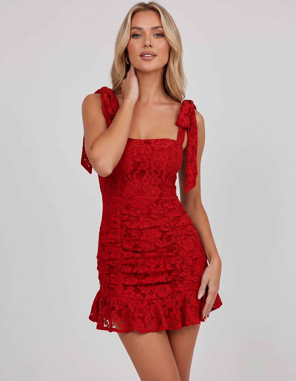 Floral Lace Sleeveless Square Neck Fitted Mini Dress with Tie Straps for Party, Cocktail, Homecoming, Evening, Summer & Weddi