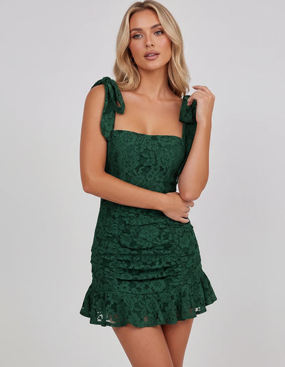 Floral Lace Sleeveless Square Neck Fitted Mini Dress with Tie Straps for Party, Cocktail, Homecoming, Evening, Summer & Weddi