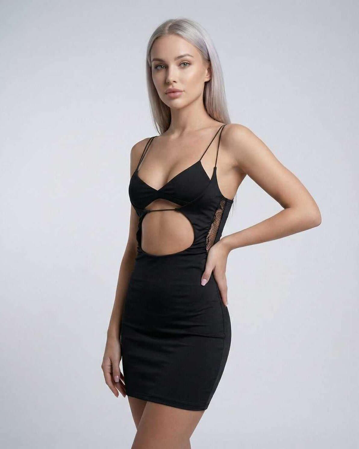 Frea Mini Dress by RAMBLION, black mini dress with V neck, cutout detail, perfect for evening occasions.