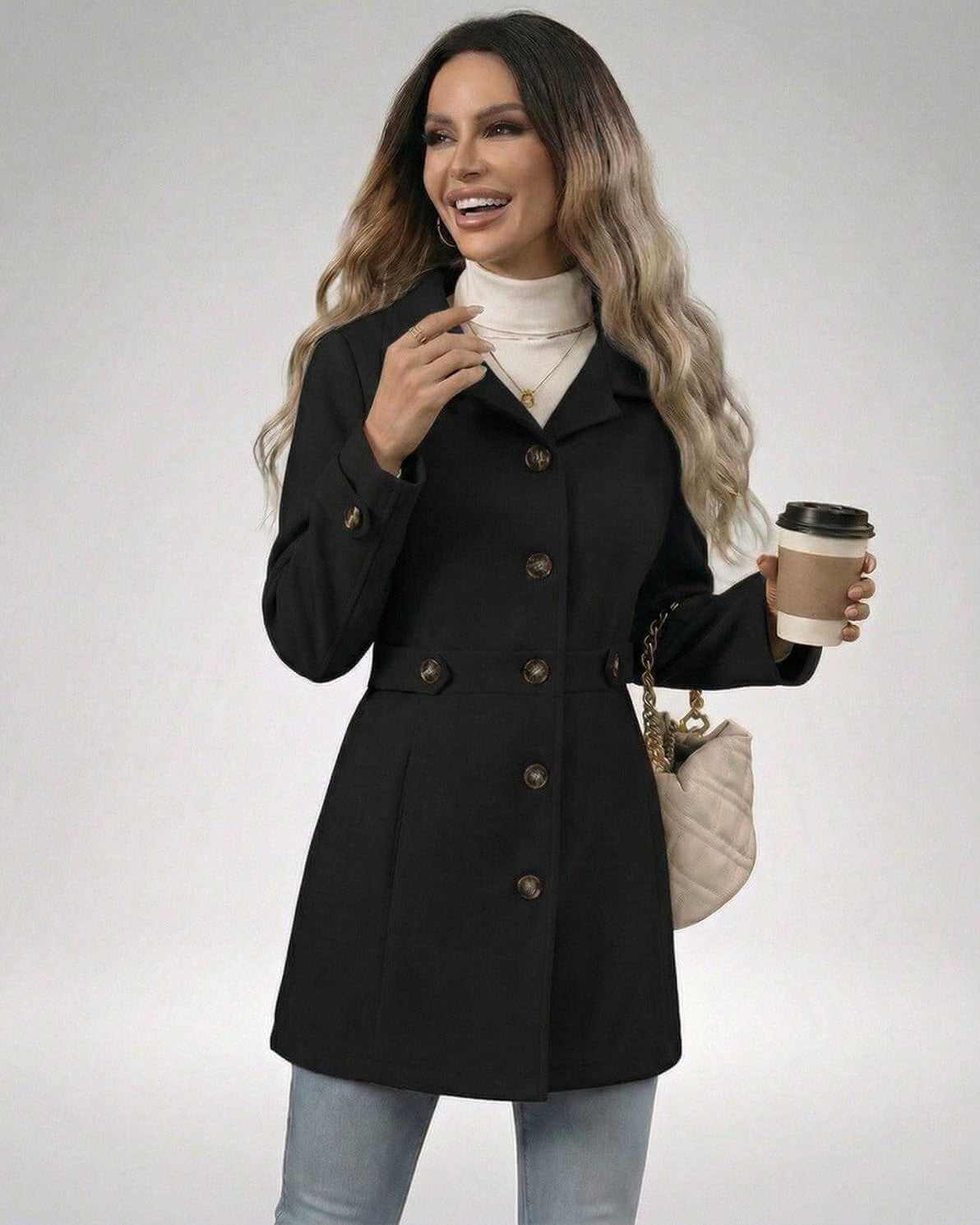 Freia Jacket by RAMBLION, black tailored coat with buttons, perfect for modern elegance and comfort.