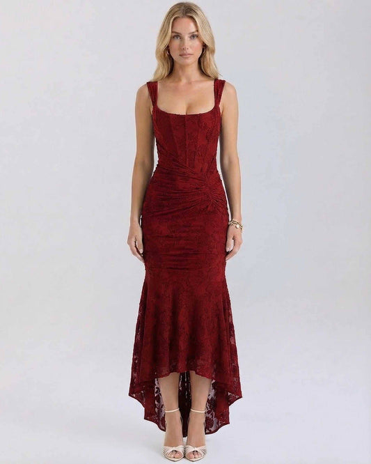 Freia Maxi Dress in luxurious red jacquard, with square neckline and elegant fit for special occasions by RAMBLION.