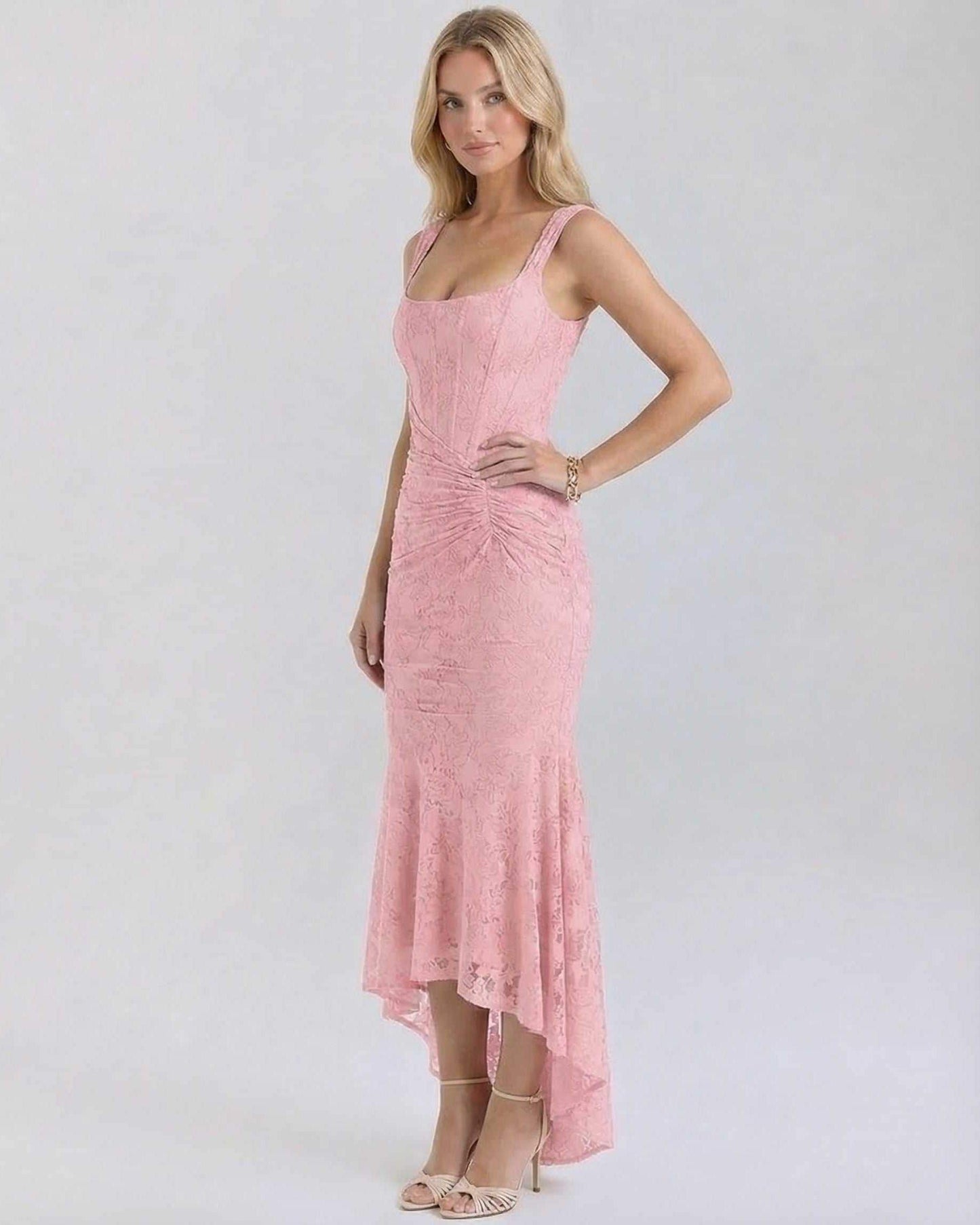 Gala Maxi Dress in soft pink, elegant square neckline, pleated details, perfect for special occasions by RAMBLION.