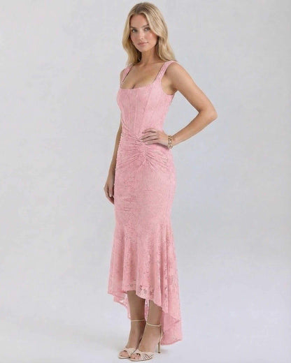 Gala Maxi Dress in soft pink, elegant square neckline, pleated details, perfect for special occasions by RAMBLION.