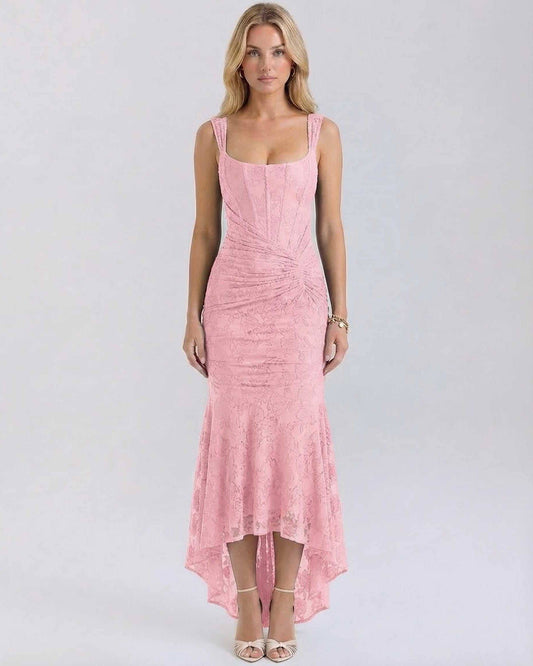 Gala Maxi Dress - Elegant soft pink ankle-length, square neck, pleated details by RAMBLION for special occasions.