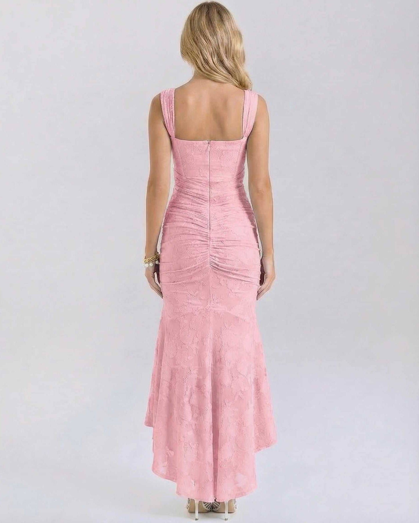 Gala Maxi Dress in soft pink, showcasing elegant square neckline and pleated details, perfect for special occasions by RAMBLION.
