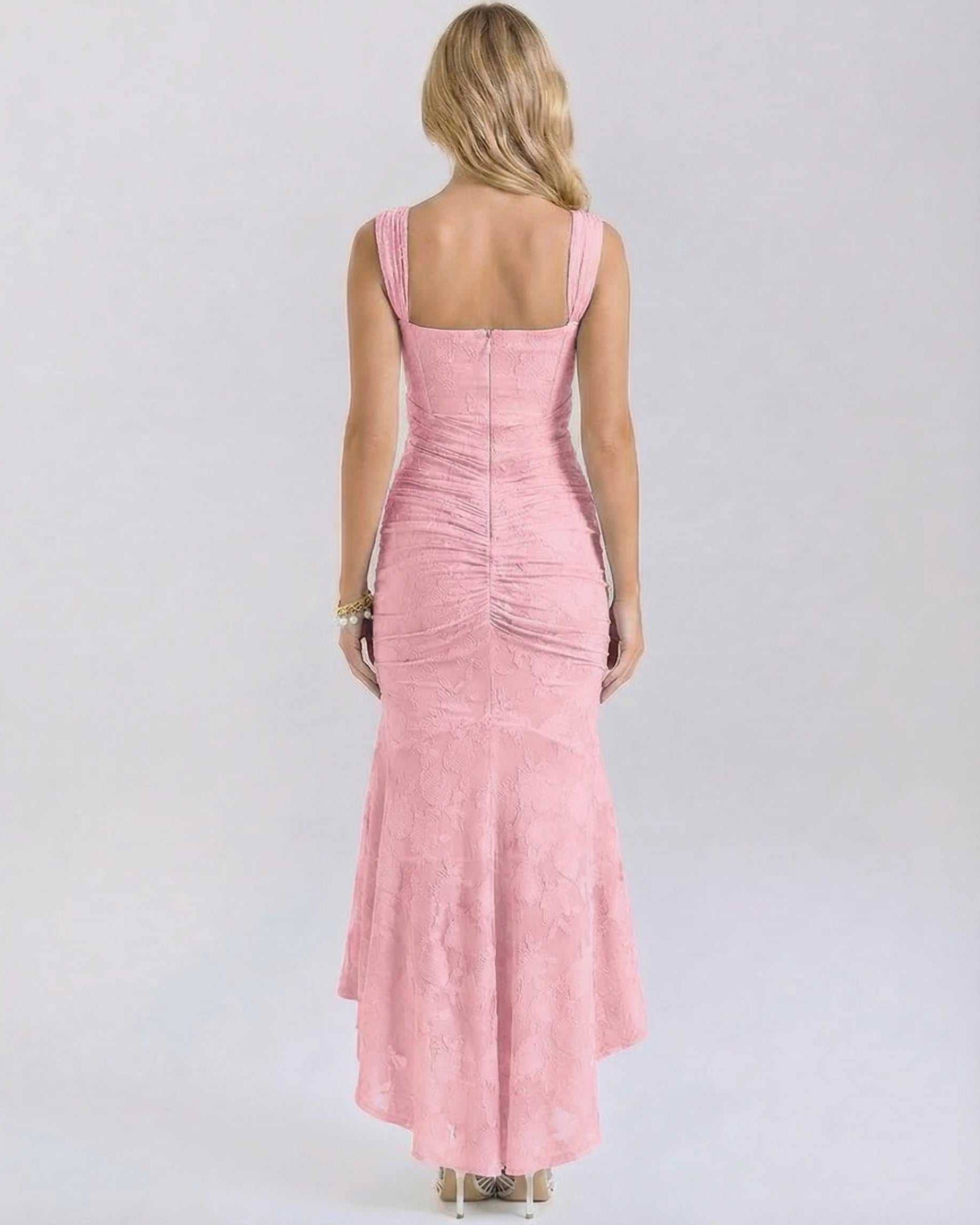 Gala Maxi Dress in soft pink, showcasing elegant square neckline and pleated details, perfect for special occasions by RAMBLION.