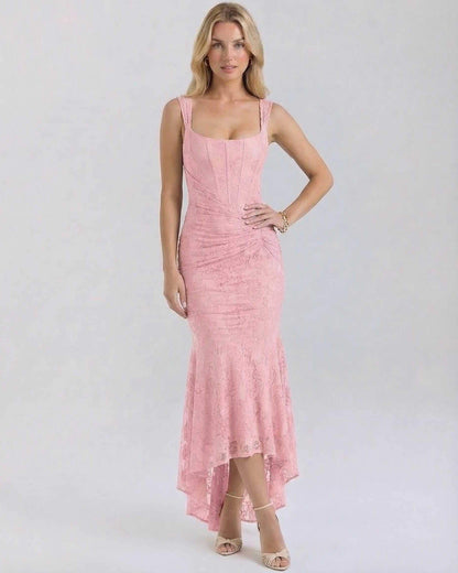 Gala Maxi Dress in soft pink, featuring square neckline, elegant pleats, perfect for special occasions, by RAMBLION.