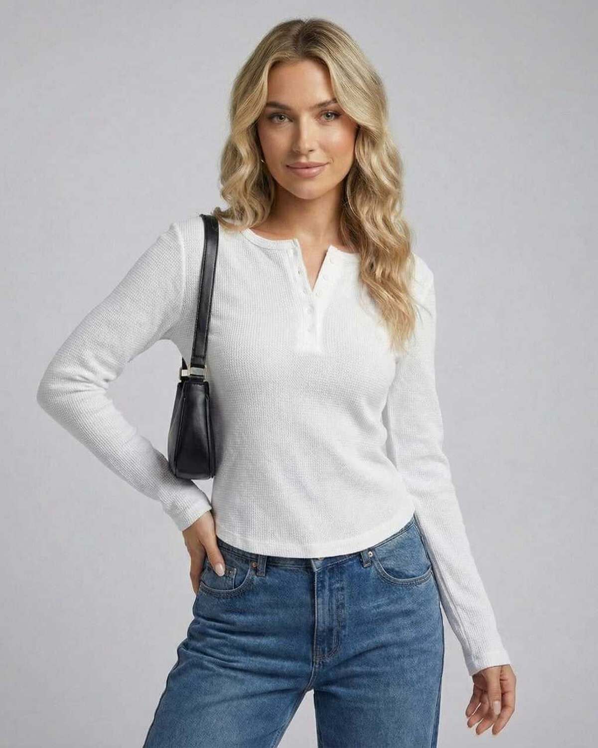 Gand Top white long sleeve top by RAMBLION, featuring round neck, stylish and comfortable for casual outings.