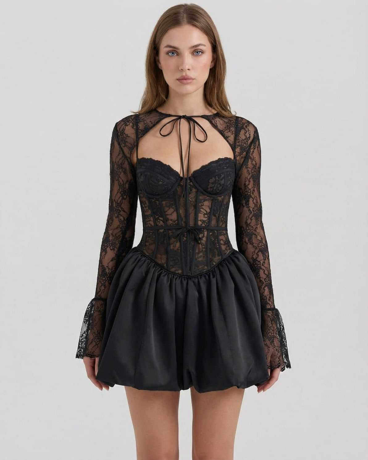 Gara Mini Dress by RAMBLION, black satin and lace, A-line silhouette, elegant style for special occasions.