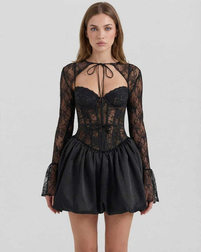 Gara Mini Dress by RAMBLION, black satin and lace, A-line silhouette, elegant style for special occasions.