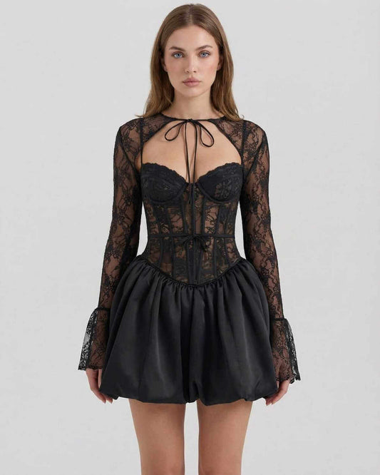 Gara Mini Dress by RAMBLION, black satin and lace, A-line silhouette, elegant style for special occasions.