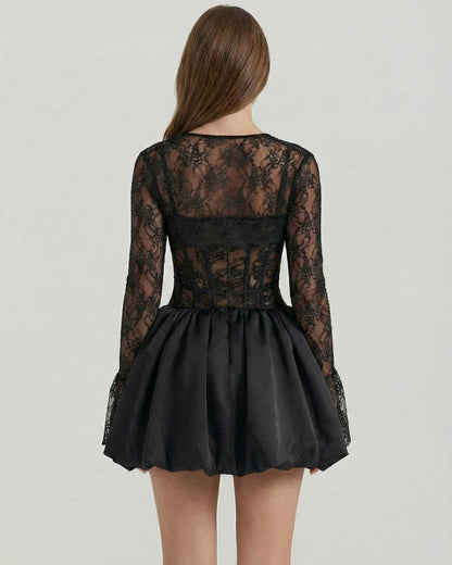 Gara Mini Dress featuring sheer lace bodice, elegant A-line silhouette, perfect for special occasions by RAMBLION.