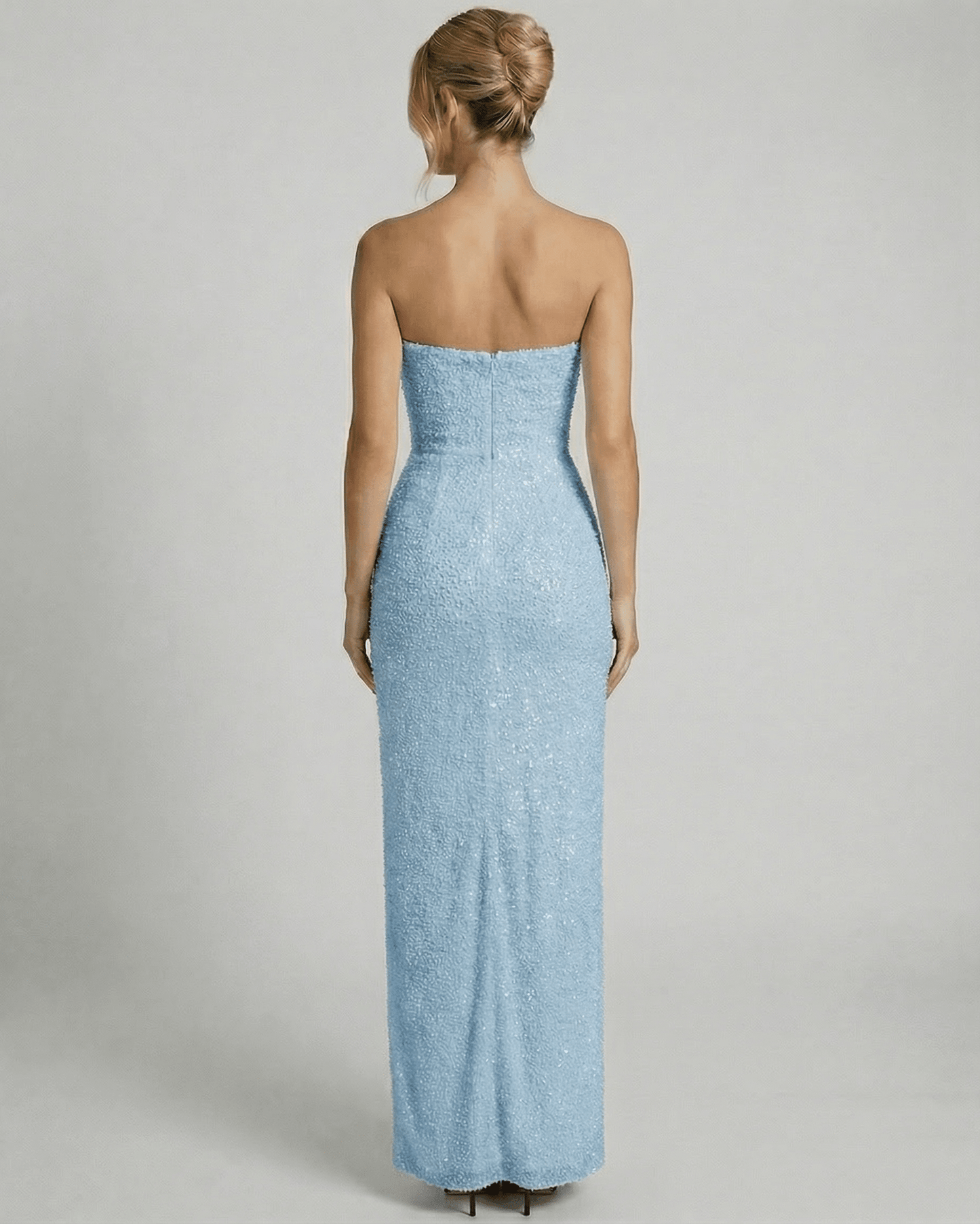 Gem Maxi Dress back view in light blue, strapless design, mesh, sophisticated style by RAMBLION.