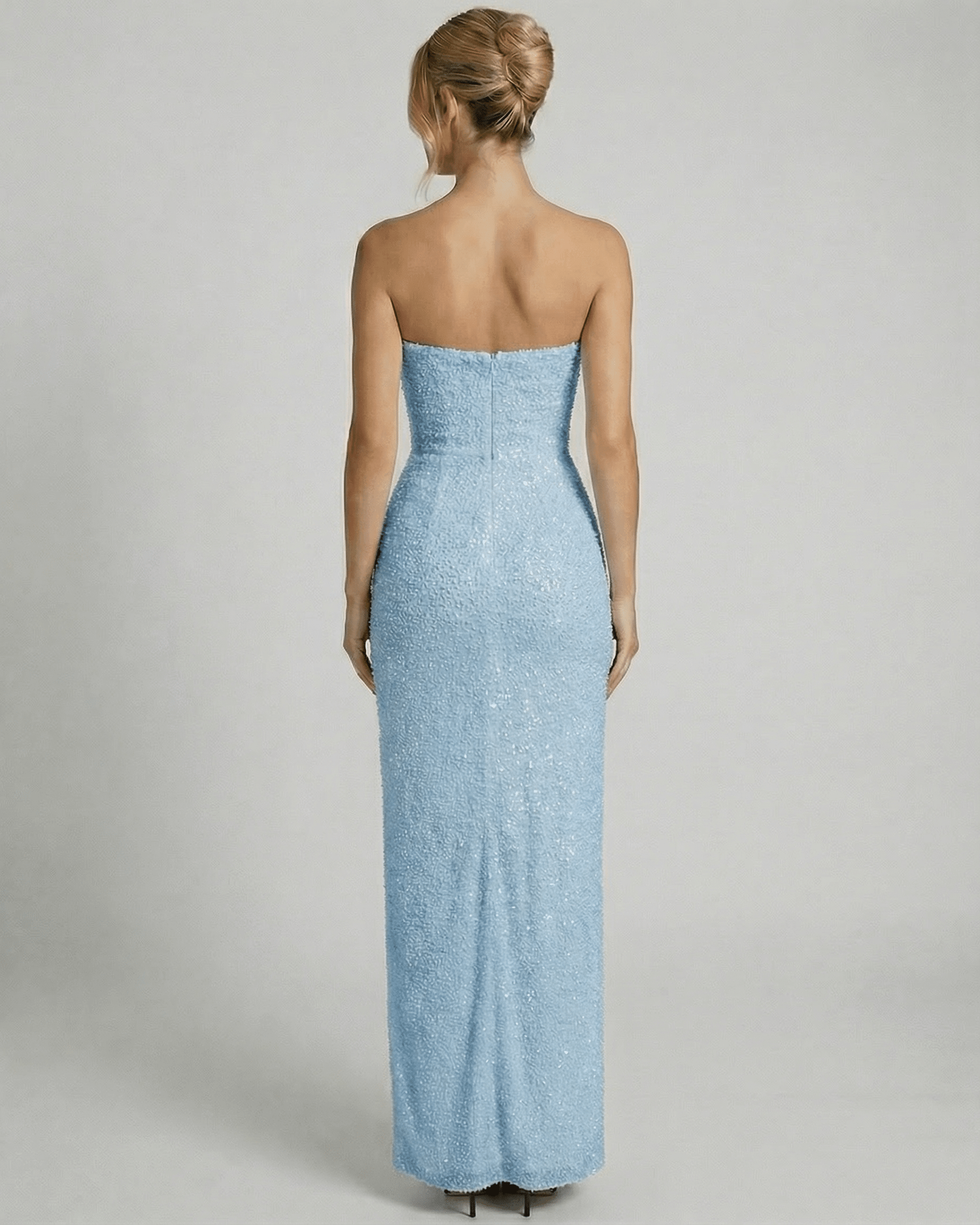 Gem Maxi Dress back view in light blue, strapless design, mesh, sophisticated style by RAMBLION.