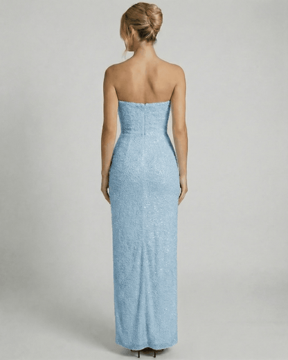 Gem Maxi Dress back view in light blue, strapless design, mesh, sophisticated style by RAMBLION.