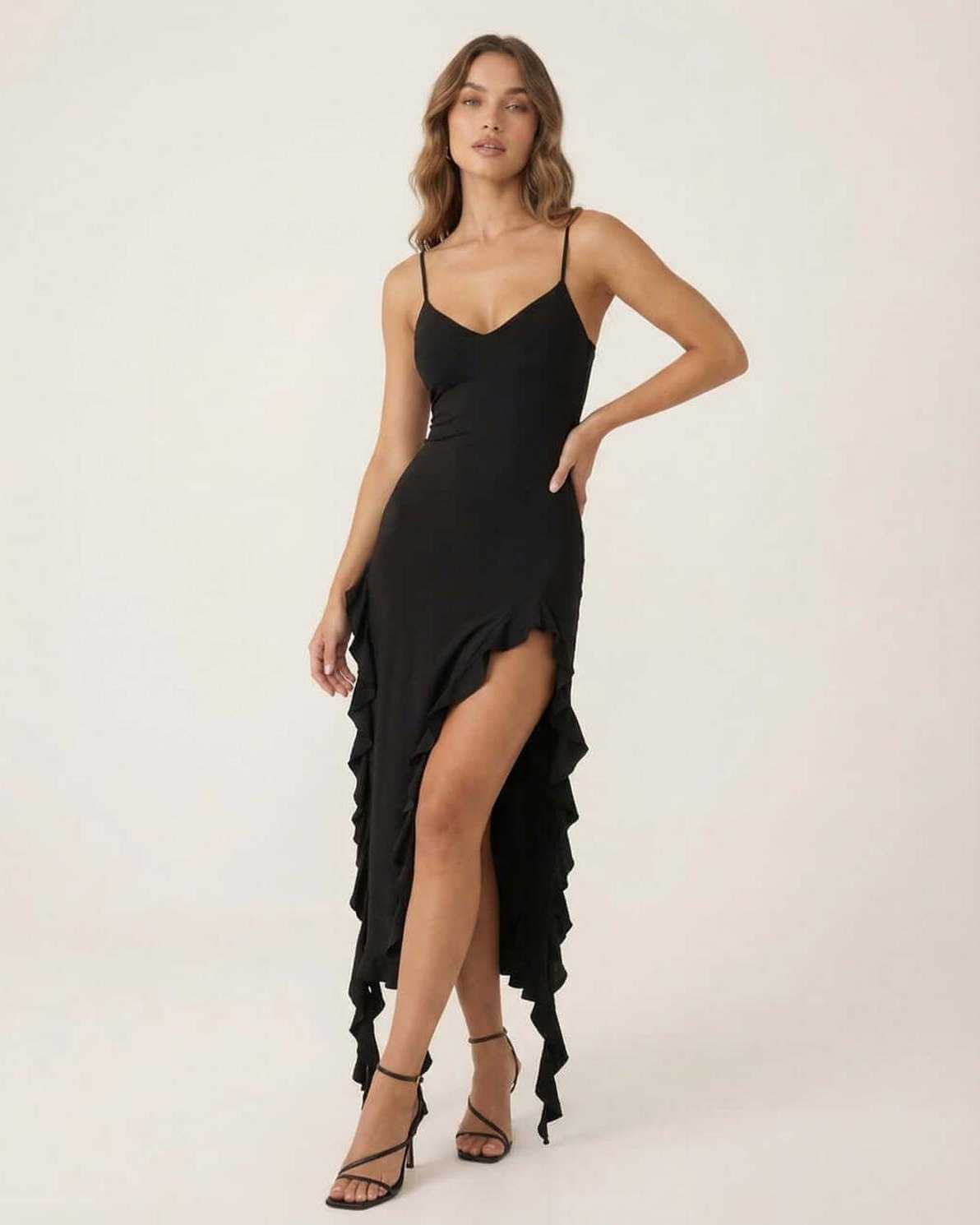 Gent Midi Dress by RAMBLION, black midi dress, v neck, ruffle trim, elegant silhouette for special occasions.