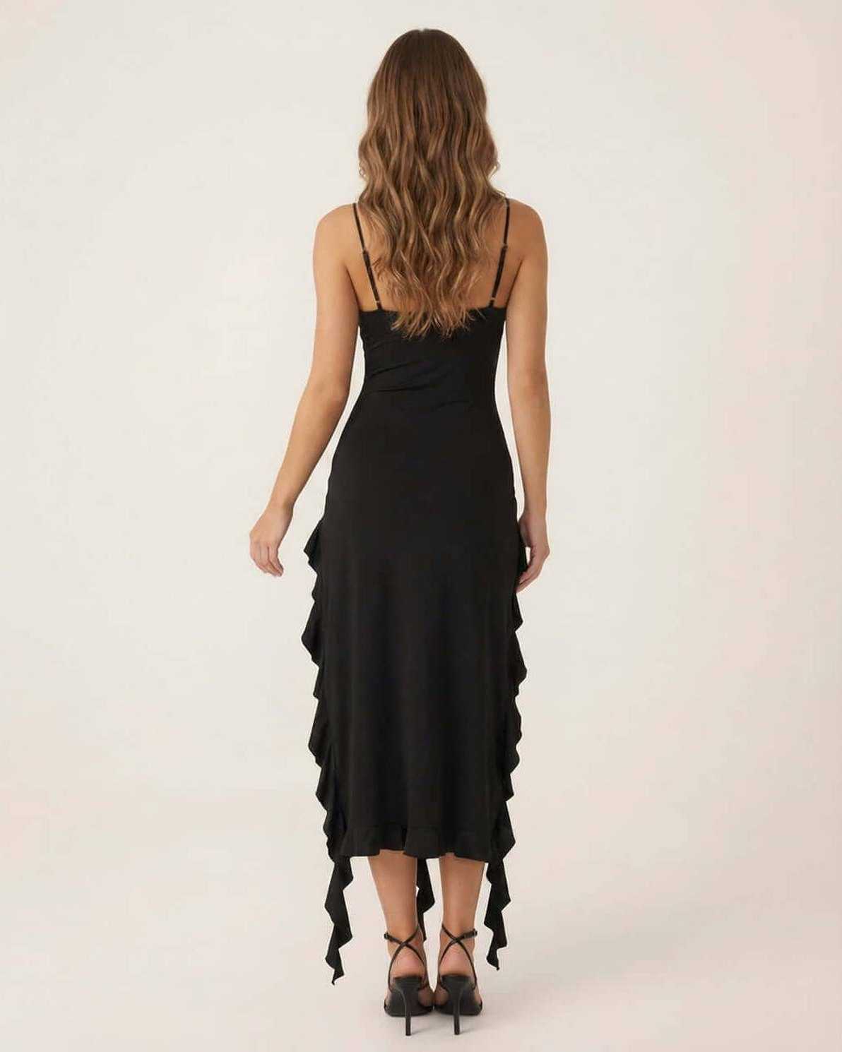 Gent Midi Dress back view featuring ruffle trim, V neck, elegant design by RAMBLION, perfect for various occasions.