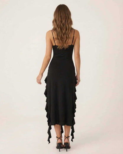 Gent Midi Dress back view featuring ruffle trim, V neck, elegant design by RAMBLION, perfect for various occasions.