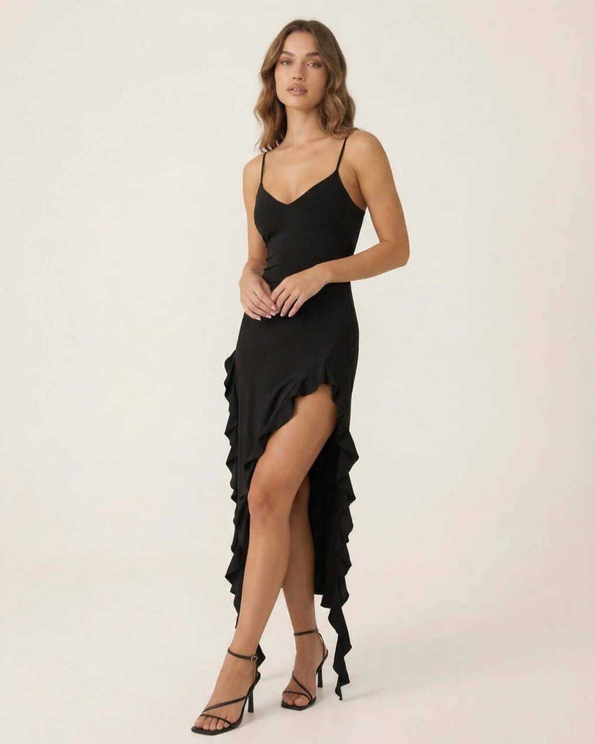 Gent Midi Dress by RAMBLION, black midi dress with ruffle trim, perfect for elegant occasions.