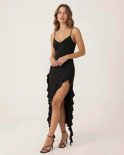 Gent Midi Dress by RAMBLION, black midi dress with ruffle trim, perfect for elegant occasions.