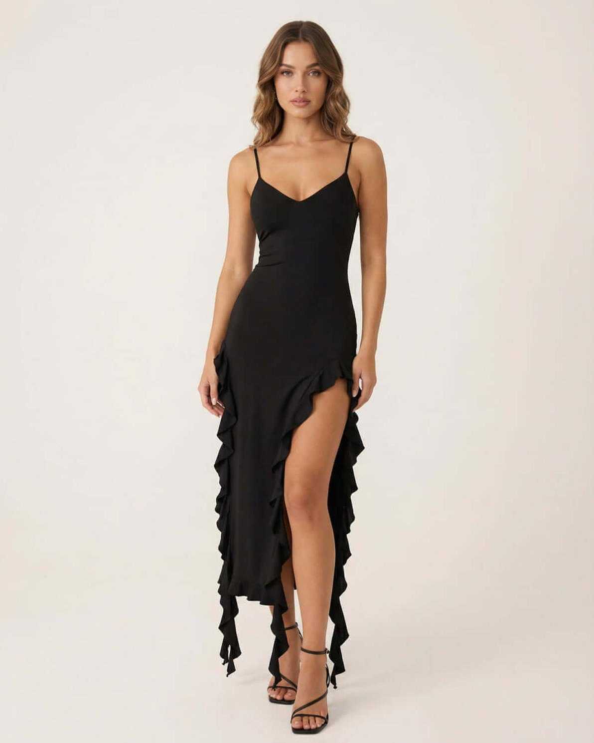 Gent Midi Dress by RAMBLION, elegant black dress with ruffle detail, perfect for special occasions.