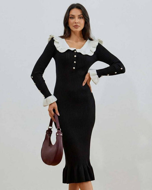 Geri Midi Dress by RAMBLION, black midi dress with ruffled collar, long sleeves, stylish and elegant for special occasions.