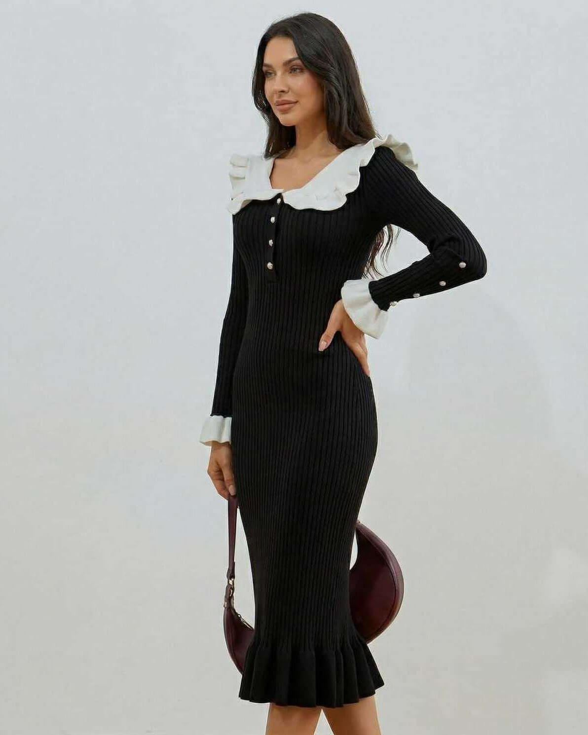 Geri Midi Dress by RAMBLION, black midi-length with ruffled collar, perfect for elegant occasions.