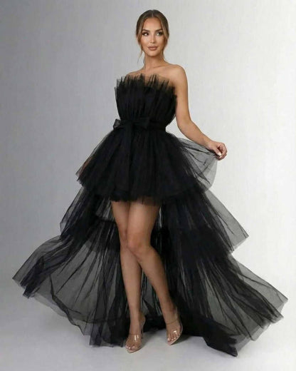 Geru Maxi Dress - Black strapless ankle-length tulle dress by RAMBLION, perfect for upscale events with a modern vibe.