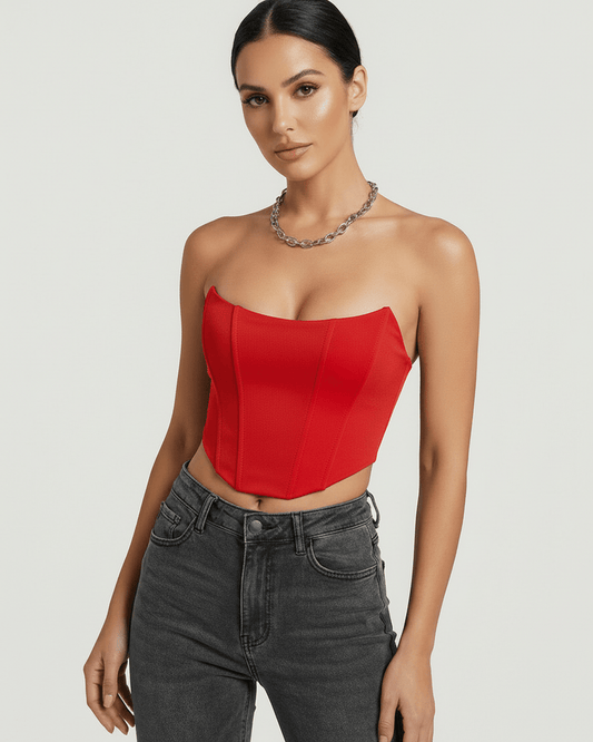 Gila Corset Top in vibrant red velvet, strapless design, chic fit for special occasions by RAMBLION.