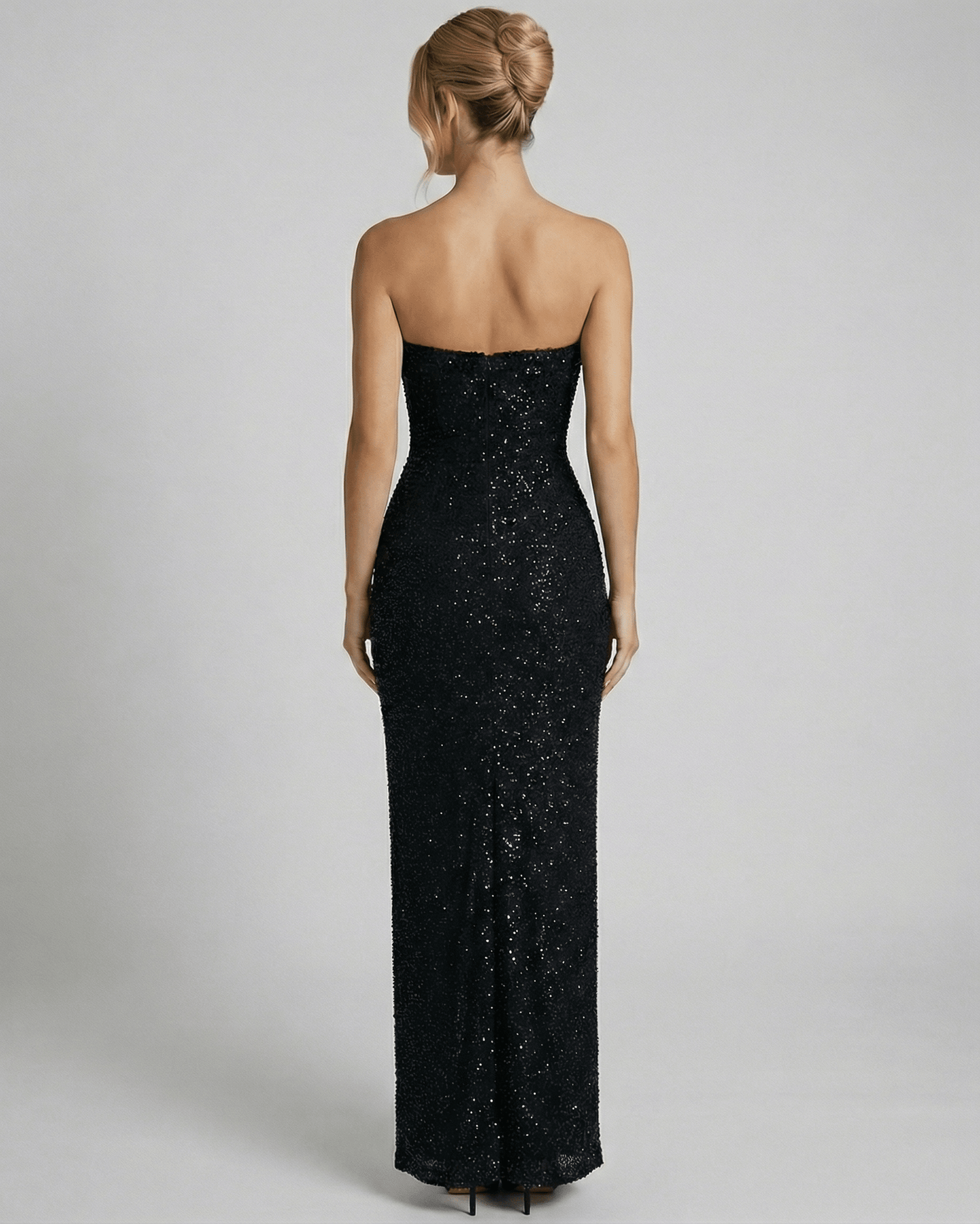 Gila Maxi Dress, black strapless ankle-length, elegant mesh, perfect for evening events, by RAMBLION.
