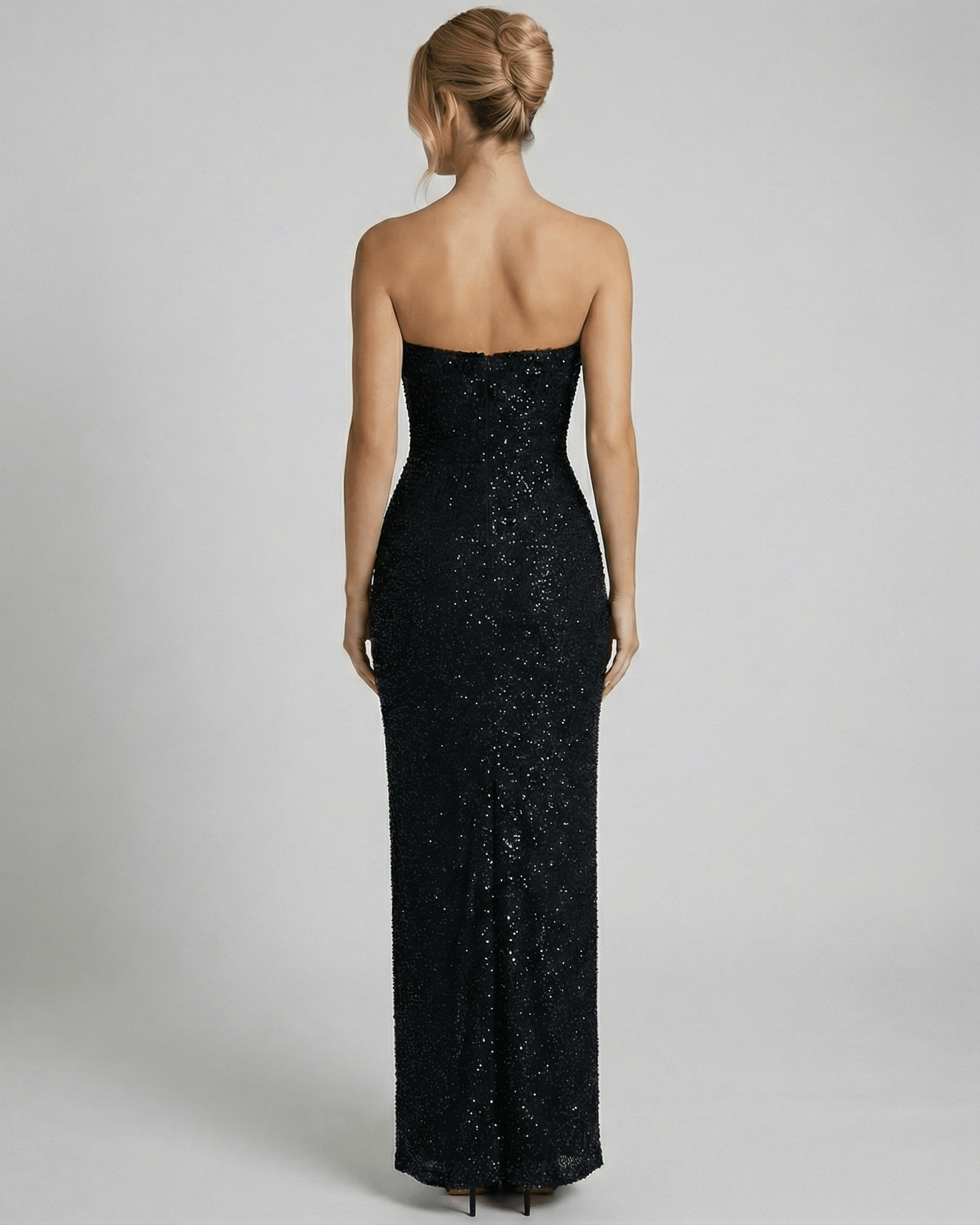 Gila Maxi Dress, black strapless ankle-length, elegant mesh, perfect for evening events, by RAMBLION.