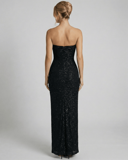Gila Maxi Dress, black strapless ankle-length, elegant mesh, perfect for evening events, by RAMBLION.