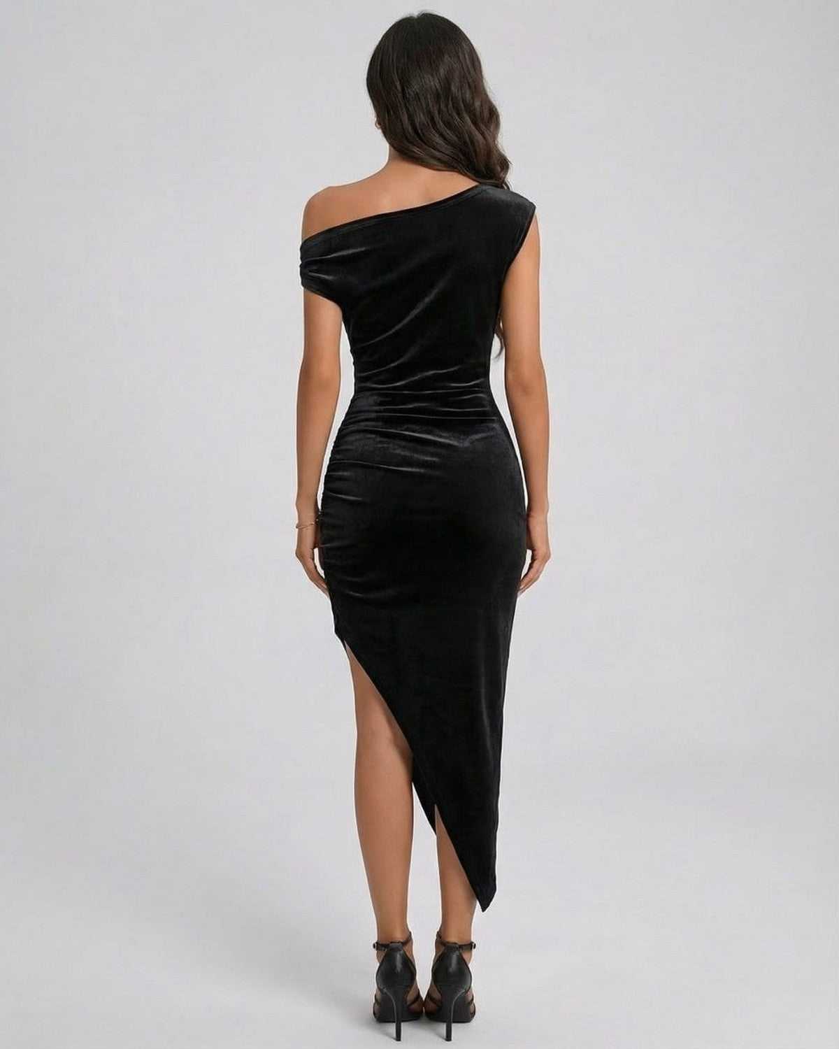 Gingham Midi Dress by RAMBLION, black velvet, asymmetrical neckline, elegant evening wear, stylish silhouette.