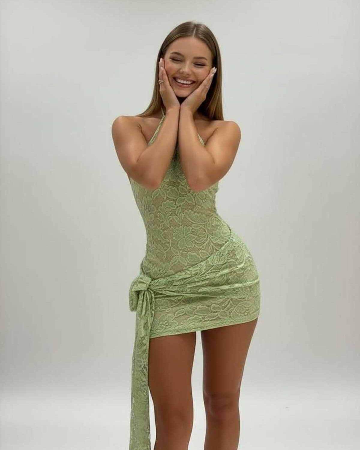 Gingham Mini Dress by RAMBLION, green gingham pattern, playful style, perfect for outings, lightweight and modern silhouette.