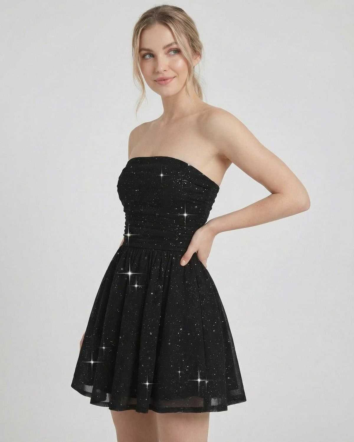 Gira Mini Dress by RAMBLION, black strapless mini dress, shimmering A-line silhouette, perfect for evening outings.