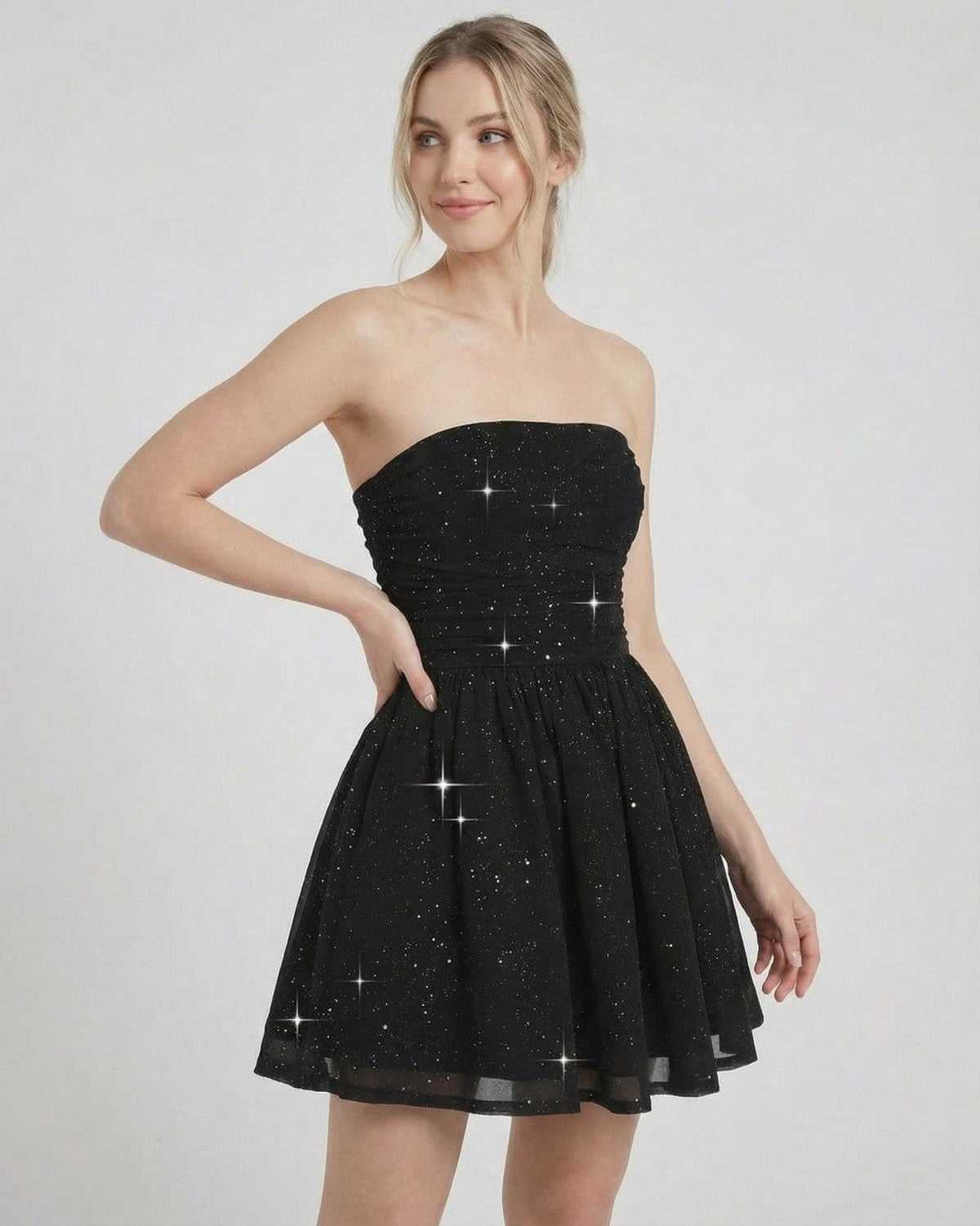 Gira Mini Dress by RAMBLION, black strapless A-line mini dress with shimmer, perfect for elegant evening outings.