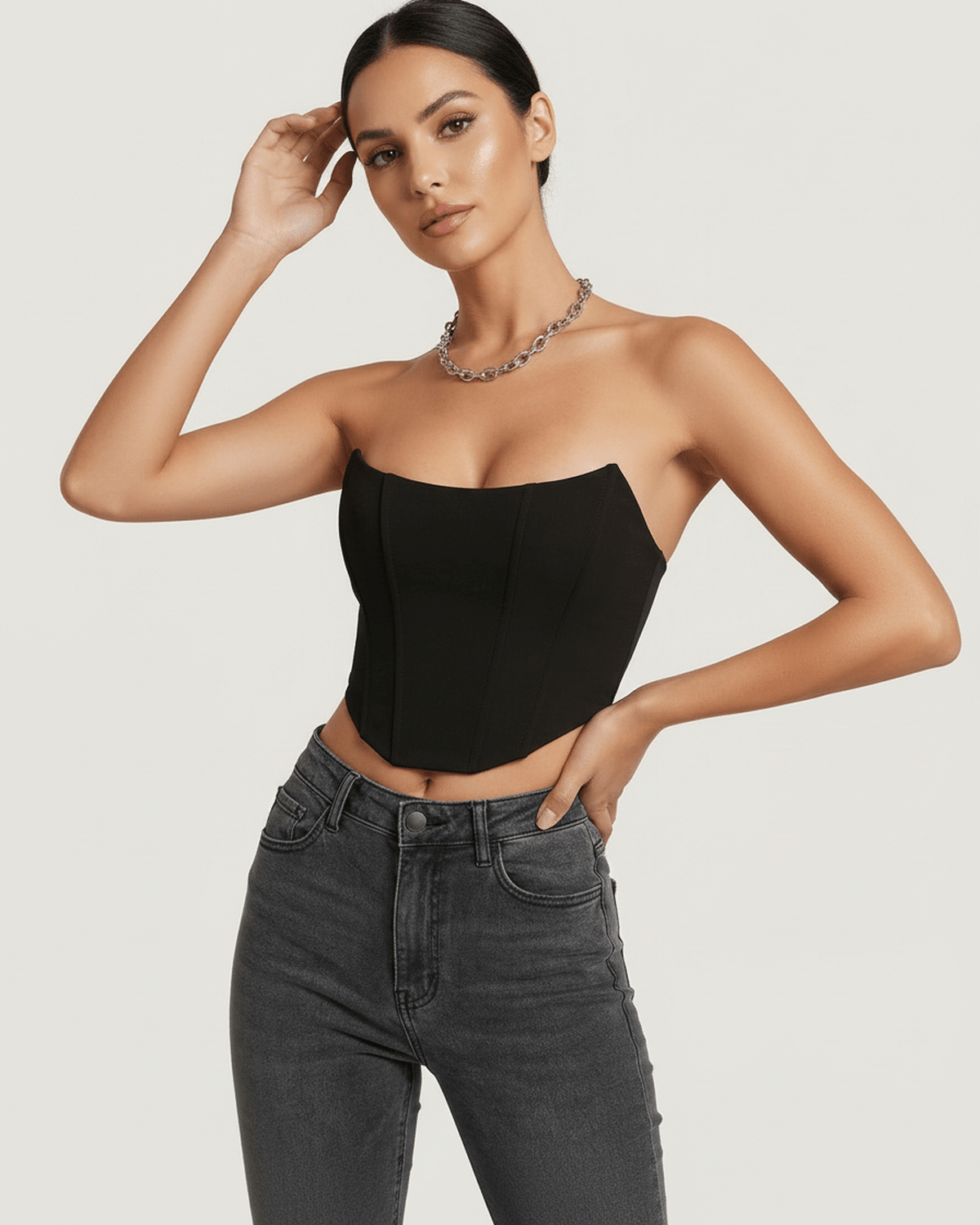 Black Velvet Strapless Set, front view | Ramblion | SKU: CCT-34827-black-L-7394,CCT-34827-black-M-6131,CCT-34827-black-S-4965,CCT-34827-black-XL-7874,CCT-34827-black-XS-8606