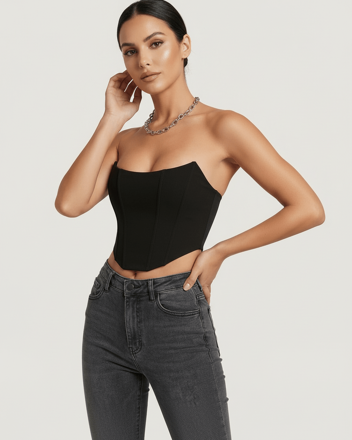 Black Velvet Strapless Set, front view | Ramblion | SKU: CCT-34827-black-L-7394,CCT-34827-black-M-6131,CCT-34827-black-S-4965,CCT-34827-black-XL-7874,CCT-34827-black-XS-8606