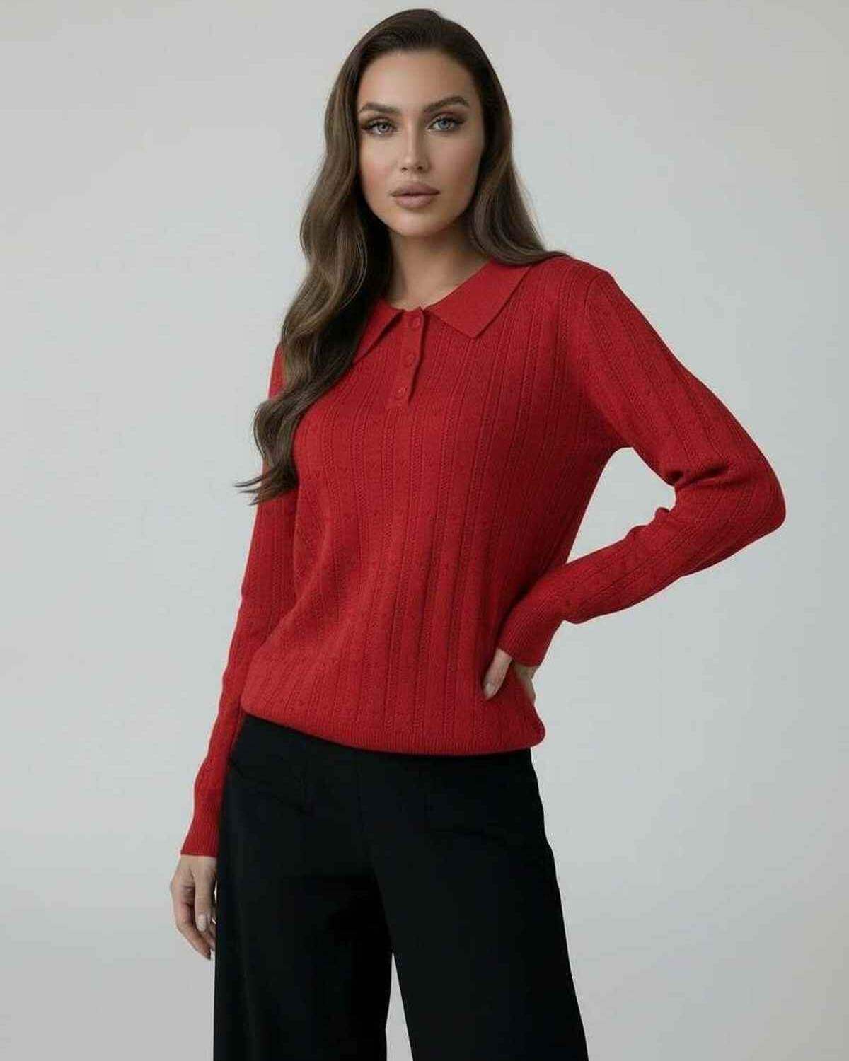 Glen Sweater by RAMBLION in vibrant red, featuring a stylish round neck, long sleeves, perfect for any occasion.