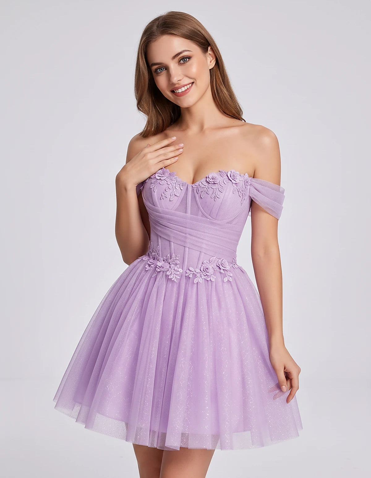 Glitter Tulle Off-the-Shoulder Sweetheart A-Line Mini Dress with Floral Appliqués for Prom, Party, Cocktail, Evening & Weddin