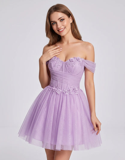 Glitter Tulle Off-the-Shoulder Sweetheart A-Line Mini Dress with Floral Appliqués for Prom, Party, Cocktail, Evening & Weddin