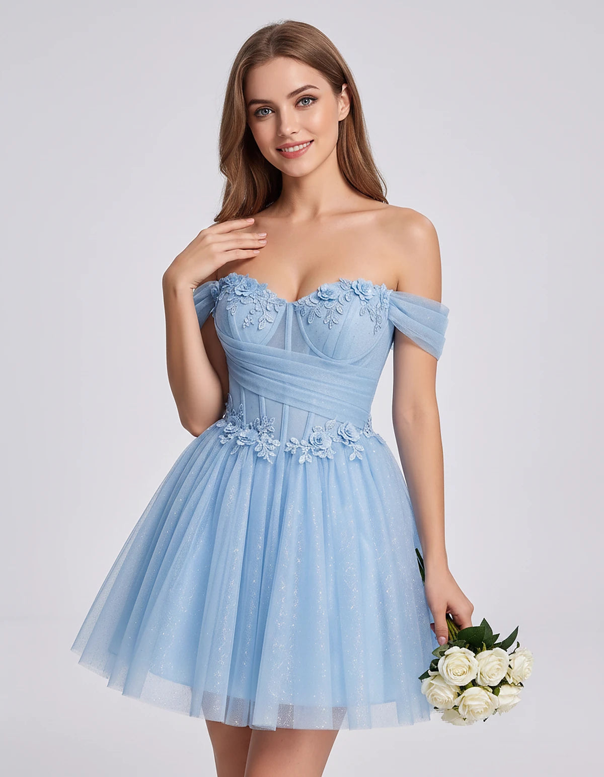 Glitter Tulle Off-the-Shoulder Sweetheart A-Line Mini Dress with Floral Appliqués for Prom, Party, Cocktail, Evening & Weddin