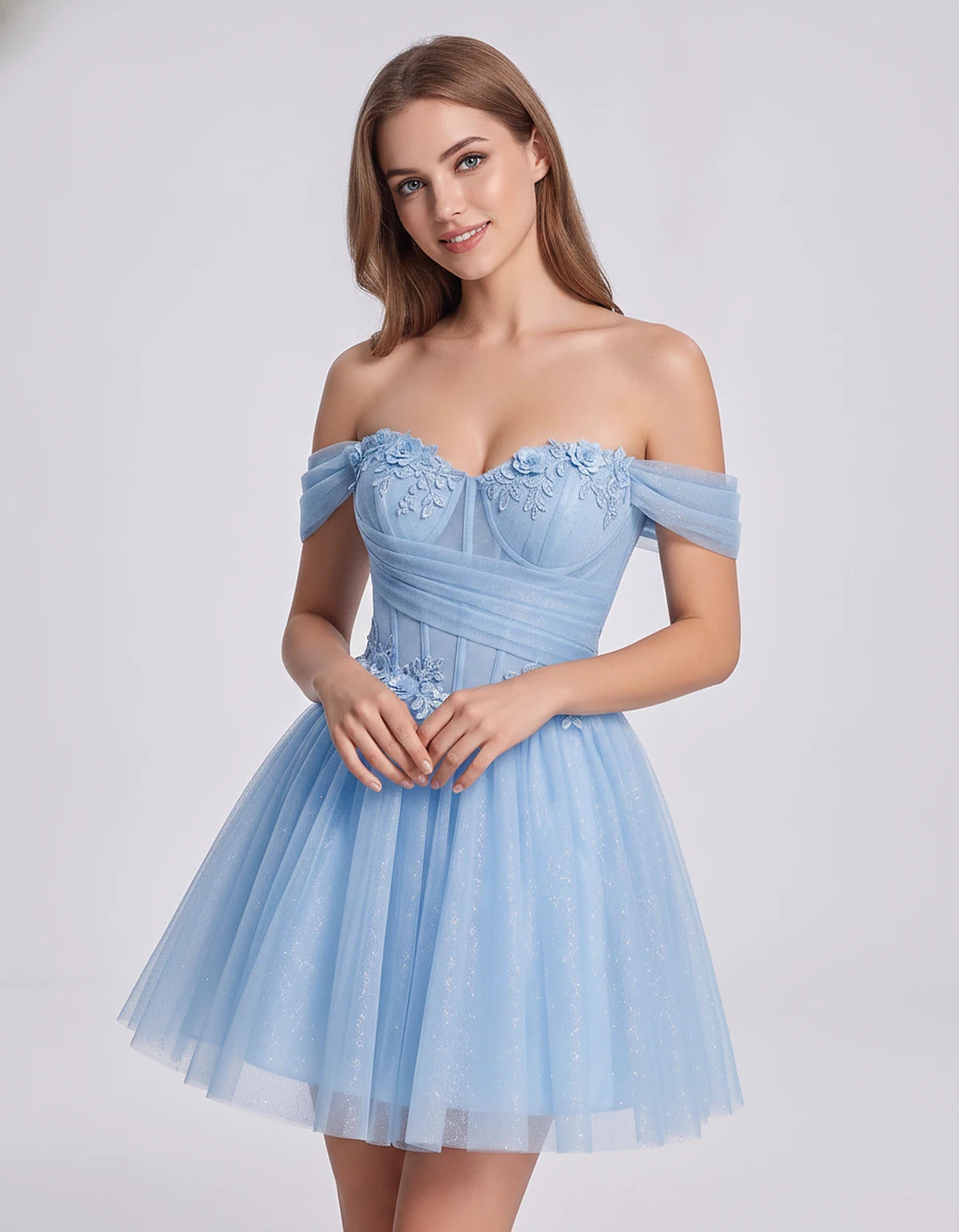 Glitter Tulle Off-the-Shoulder Sweetheart A-Line Mini Dress with Floral Appliqués for Prom, Party, Cocktail, Evening & Weddin