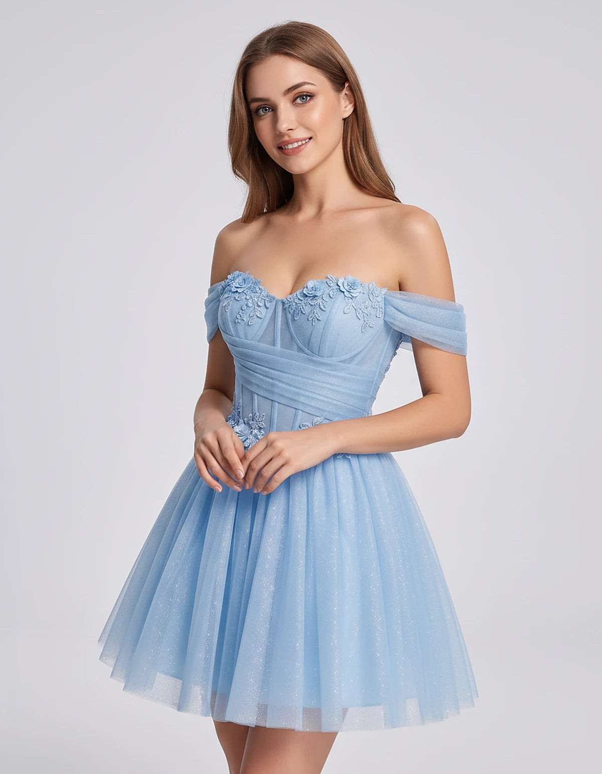 Glitter Tulle Off-the-Shoulder Sweetheart A-Line Mini Dress with Floral Appliqués for Prom, Party, Cocktail, Evening & Weddin