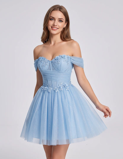 Glitter Tulle Off-the-Shoulder Sweetheart A-Line Mini Dress with Floral Appliqués for Prom, Party, Cocktail, Evening & Weddin