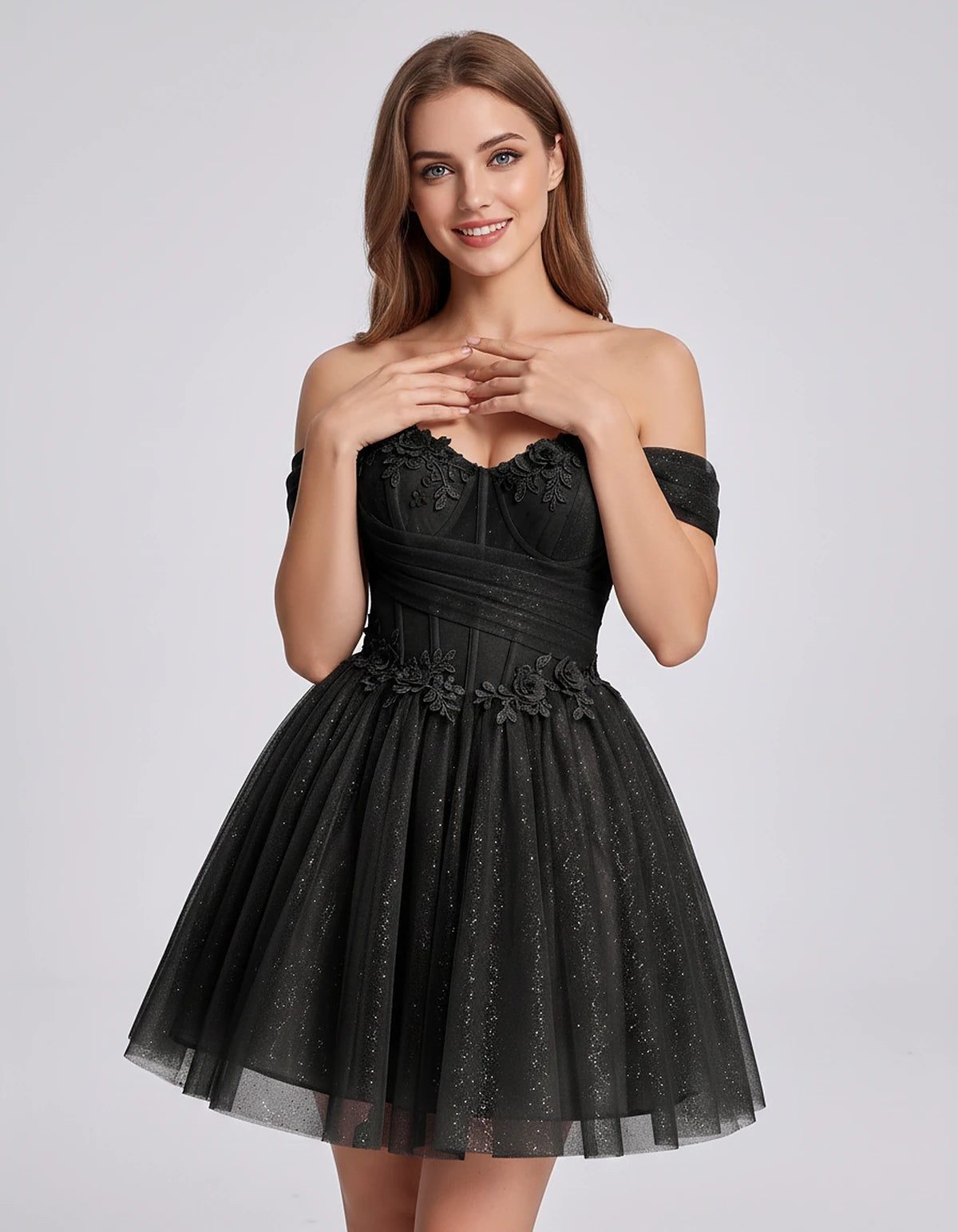 Glitter Tulle Off-the-Shoulder Sweetheart A-Line Mini Dress with Floral Appliqués for Prom, Party, Cocktail, Evening & Weddin