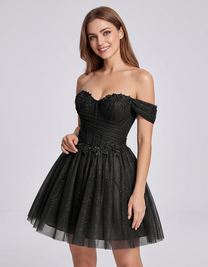 Glitter Tulle Off-the-Shoulder Sweetheart A-Line Mini Dress with Floral Appliqués for Prom, Party, Cocktail, Evening & Weddin