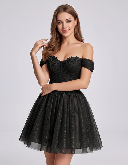 Glitter Tulle Off-the-Shoulder Sweetheart A-Line Mini Dress with Floral Appliqués for Prom, Party, Cocktail, Evening & Weddin