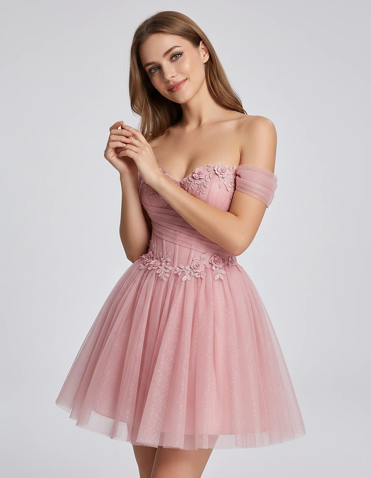Glitter Tulle Off-the-Shoulder Sweetheart A-Line Mini Dress with Floral Appliqués for Prom, Party, Cocktail, Evening & Weddin